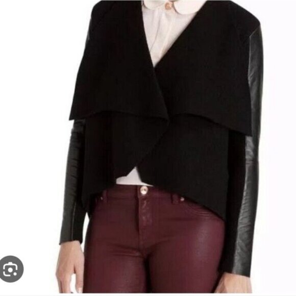 TED BAKER | Leather trim jacket blazer cardigan 100% wool black purple sz XS - Picture 7 of 9